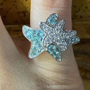 Natural Blue Apatite Moissanite Sterling Silver Starfish Ring Size 5